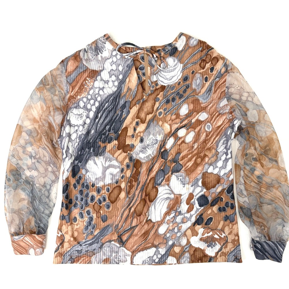 Vintage The Fairfield Room Blouse Abstract Floral Pleated Brown Grey Small